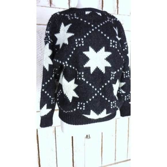 Vintage black grey white star holiday wool knit snow cabin pullover sweater - Picture 3 of 7
